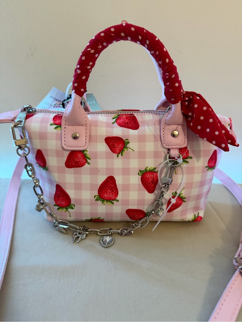 Strawberry Print Pink Vegan Leather Satchel